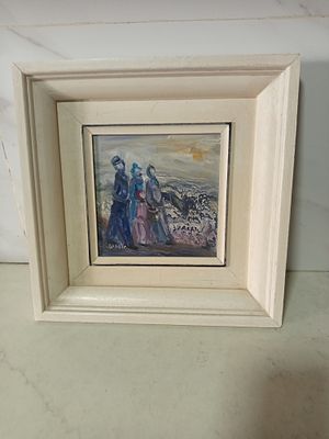 שמן על אריח קרמיקה . תמונת שמן על אריח קרמיקה 
אהובה ? 
3 דמויות על נוף הררי 
גודל 28 על 28 סמ