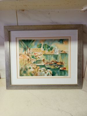 ליטוגרפיה שמואל כץ חתומה גם ממוספרת 
דמויות על החוף רקע עיר חוף 
ממוסגרת 
גודל 