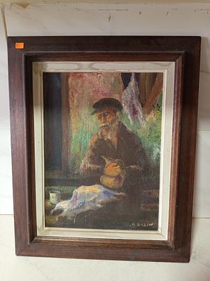 תמונת שמן אדם זקן מהרהר חתום ממוסגר 
גודל 49 על 56 ס''מ