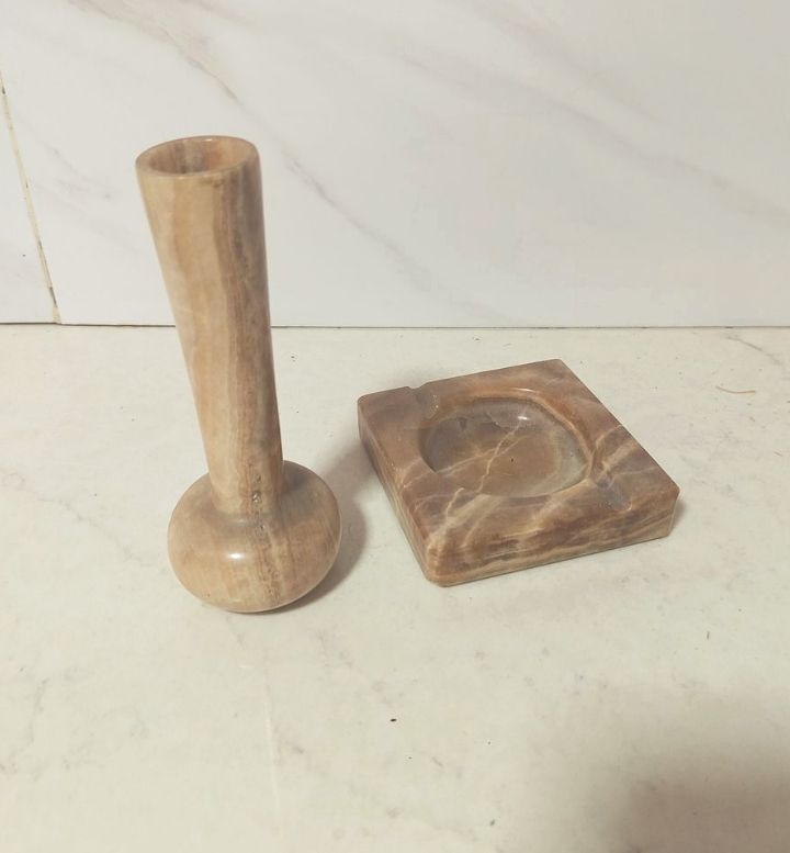 אורך רוחב 12 על 12 סמ. סט וינטג' שולחני העשוי מאבן אוניקס (Onyx) טבעית בגווני בז', חום בהיר 