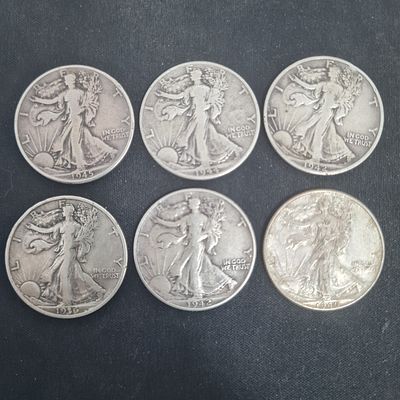 6 מטבעות כסף חצי דולר, תחילת המאה ה 20, אשה עומדת, יחסית מצבים יפים מאד רואים ברור את השנה ( 