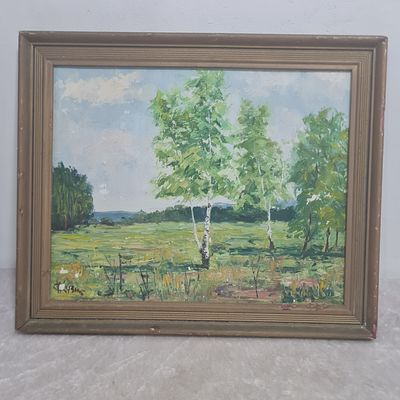 ציור ישן ממוסגר (נראה שמן) נוף עצים בשדה, חתום, פגמים במסגרת 
אורך כ 34 ס"מ 
רוחב כ 28 ס"מ