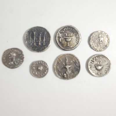 7 מטבעות רפליקות מכסף של מטבעות עתיקים 
משקל כולל כ 26 גרם
