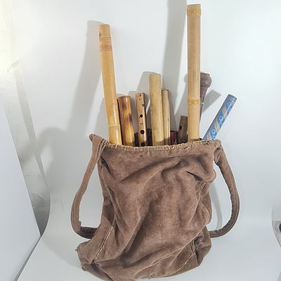 הגיע מאספן - תיק בד מיוחד המכיל כלי נשיפה, רובם מעץ, לא נבדקה תקינותם, AS IS