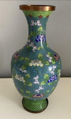 Chinese Tall 11 Inch Cloisonne Vase Made in China. Measures approx 11 inches tall 5.5 inches wide
