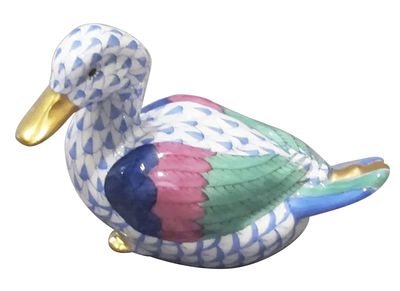 Herend - Herend Signed Porcelain Blue Fishnet Duck Figurine With 24kt Gold Accents Made in Hungary. 