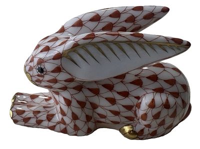 Herend - Herend Signed Porcelain Rust Fishnet Rabbit Figurine With 24kt Gold Accents Made in Hungary. 