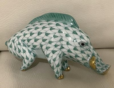 Herend - Herend Signed Porcelain Green Boar Figurine With 24kt Gold Accents Made in Hungary. Herend 