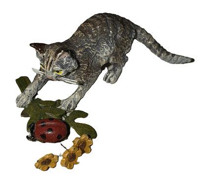 Fritz - Fritz Bermann Austrian Vienna Bronze Cat With Flowers Ladybug. Fritz Bermann Austrian 