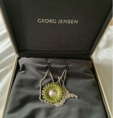 Georg Jensen Sterling Silver with Green Enamel Daisy Pendant Necklace with Chian and Orig Box 