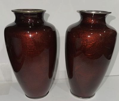 Japanese Akusake Pigeon-blood Ginbari Foil Vase Pair With Bird & Bamboo Motif 1940. Japanese 