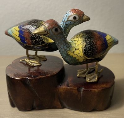 Chinese Cloisonne Enamel & Brass Chinese Bird Figurines with Stand. Chinese Cloisonne Enamel 