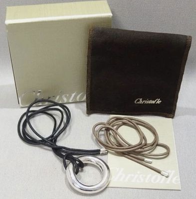 CHRISTOFLE Sterling Silver Choker Leather Necklace With with Box. Measures approx pendant 