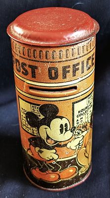 WALT DISNEY Mickey & Minnie and Pluto British tin postal-pillar bank. "Happynak" 1930's. WALT 