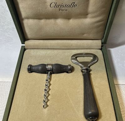 Christofle Signed Ebony Corkscrew & Bottle Opener Barware Set In Orig Box. Christofle Ebony 