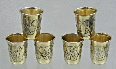 RUSSIAN 84 SILVER set of 6 VODKA CORDIAL SHOT CUPS. Measures approx CUPS ARE ABOUT 1 13/16 in. 