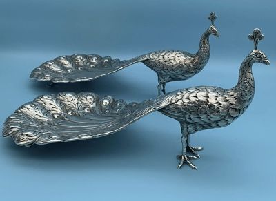 Sterling Silver Pair of Peacock Pheasant Tray Dish Bowl. Sterling Silver German 800 Pair of 