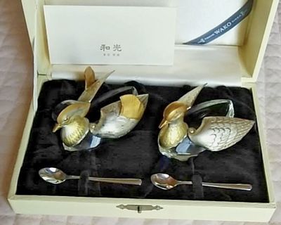 Japanese Sterling Silver by Wako Salt & Pepper Mandarin Duck Set & Spoons. Japanese Sterling 