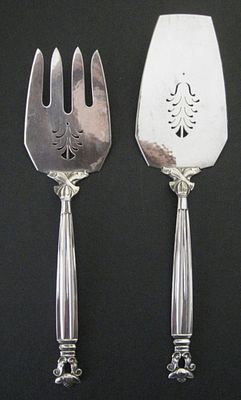 Georg Jensen Sterling Silver ACORN Fish Service Set Made in Denmark. Georg Jensen Sterling 