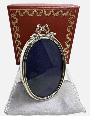 Cartier Sterling Silver Ribbon Small Oval Picture Frame With Box & Pouch. Cartier Sterling 
