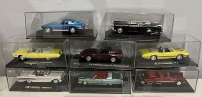 Set of 8 Road Champs Model Vehicle Cars in Display Case. Measures approx 4 to 4.25 inches long 