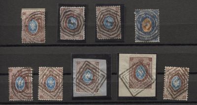 Россия Гашения Царства Польского 9 марок . ГРУППА МАРОК (7) + 2 ВЫРЕЗКИ , ВКЛЮЧАЯ 20 КОП 
СК 15 