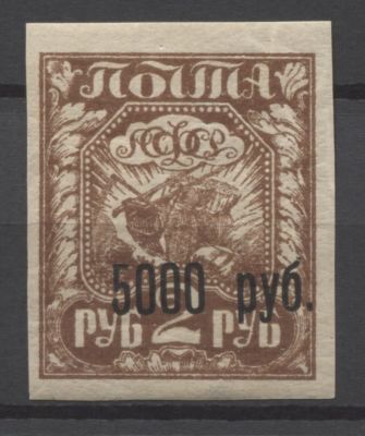 РСФСР 1922 г Стандарт Надпечатка 5000/2 руб. Надпеч на темно-коричневой марке Сол 4000 руб. MH. С 