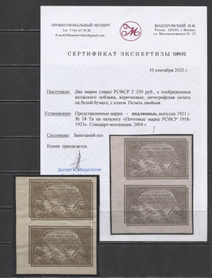 РСФСР 1921 г Голодающим Коричн Двойная печать (Пара) Сертификат Кат 74000 руб MNH. СК 18 Та - 