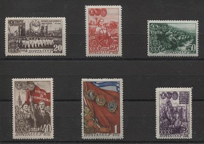 1948 г. СССР Комсомол Полн сер 6 мар Кат с накл 4200 руб. MNH/MLH. СОЛ 1322/7 (1322 I, 1323 I 