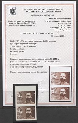 СССР 1989 г. Коста Хетагуров Пара Без зубцов Кат 170000 руб. Сертификат MNH. СК 6045 Ра - 