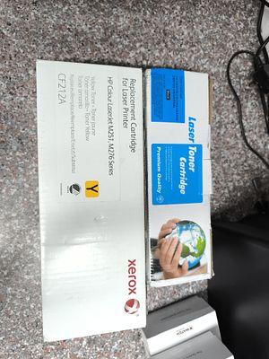 A Pair of Printer Toner Cartridges: One Xerox Yellow and One Universal Black. A pair of new 