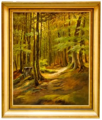 Pintura a óleo sobre cartão, Trecho de floresta com caminho. Ass. E. SEIPENBUSCH – ZWIESEL.