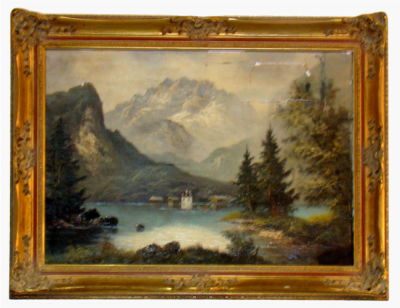 Pintura a óleo sobre tela, Paisagem campestre com lago, barco e casas. Ass. W. BERGER. 0,50 x 0