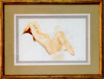 Aguarela, Nu feminino, Ass. KEITH (Keith Garvey). Alt. 0,35 x 0,46. Com pequenas manchas de