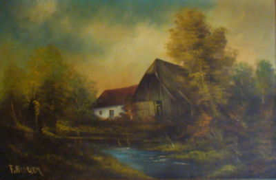 Quadro grande, pintura a óleo sobre tela, Trecho campestre com casas e rio. Ass. F. BREUER.