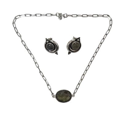 Necklace with pendant and pair of earrings, decorated with labradorites, in 925 silver, with 