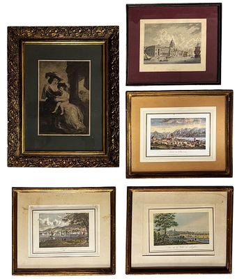 5 Colored and black lithographs, Landscape and Figures.