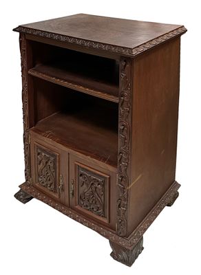Mahogany cabinet with carved work, with one shelf and two doors. Height 1.11. Width 0.78. Depth 