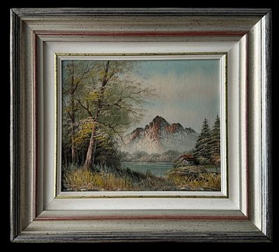 Oil painting on canvas, Countryside landscape with lake, houses and mountains. Signed. Height 