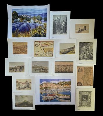 Lot of various lithographs: figures, maps, landscapes, etc. Unframed.