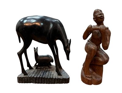 Gazelle and 1 figure, wood carvings, African Art. Defective.