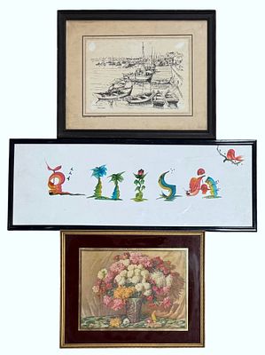 3 Paintings, lithographs, Flowers, Dock with boats, etc.