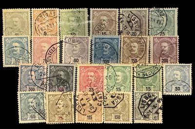 22 Portuguese stamps – D. Carlos I Series. Complete (nos. 126 to 139 and 145/147).
