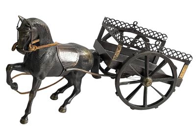 Horse with cart, bronze and brass sculpture. Length 0.43.