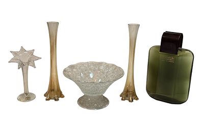 5 Glass pieces: fruit bowl, pair of solitaires, jug and bottle.