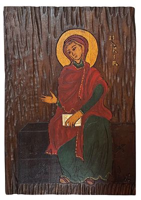 Painted wooden plaque. Maria – Our Lady. Height 0.37 x 0.25.