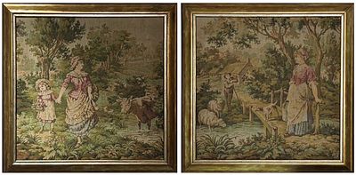Pair of paintings with tapestries, Country scenes with figures. Height 0.48 x 0.48.