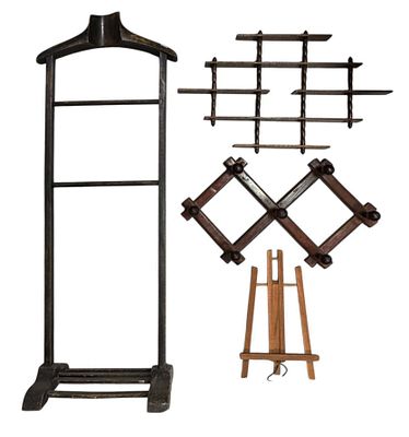 Column hanger, 1 coat rack and 1 wall shelf, and 1 small wooden easel.
