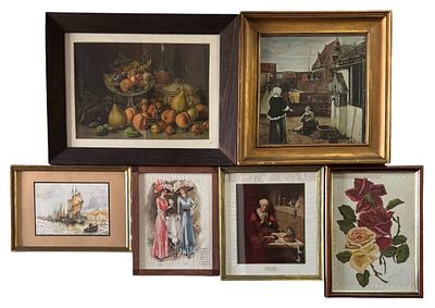 6 Paintings, colored lithographs: Figures, Seascape, Still Life, Flowers, etc.