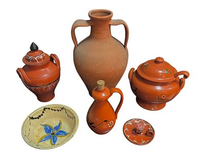 6 Clay pieces: jug, tureen, jar, paddle, etc.